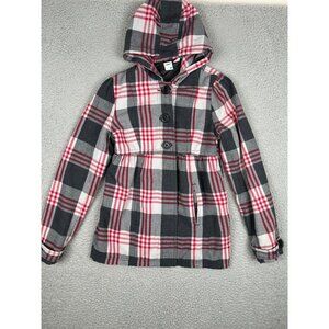 Roxy Girls Plaid Coat Size Medium Peacoat Pockets Hooded Y2K Multicolor